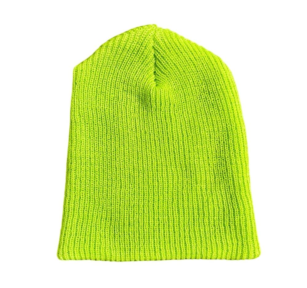 Neon Lime Green Ribbed Knit Beanie Hat Acrylic Winter Cap Small Unisex